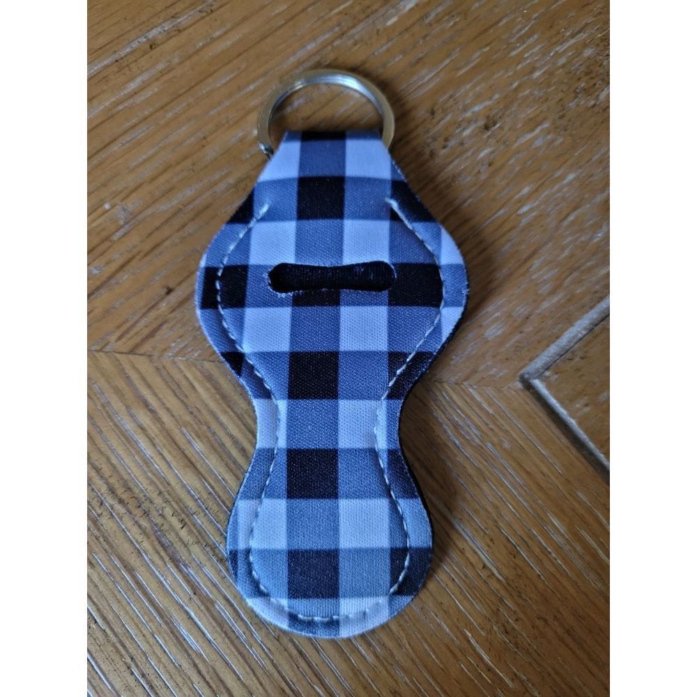 NEW White & Black Buffalo Plaid Neoprene Chapstick Holder Key Chain and chapstic